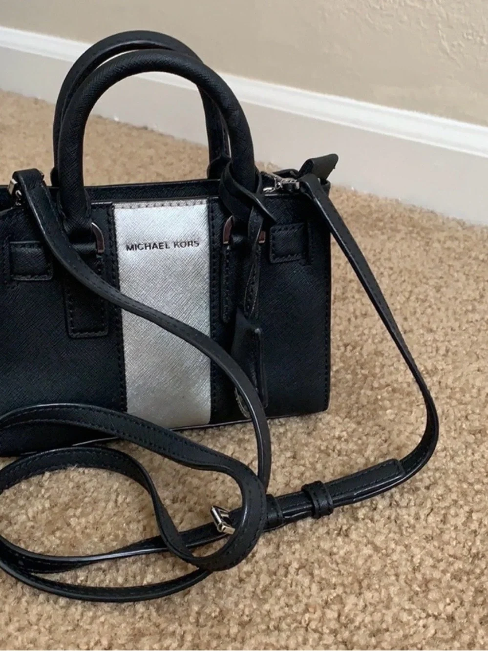 Michael Kors Black with Silver Stripe Mini Satchel Crossbody